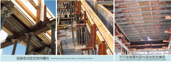 连接梁成型支架间螺栓, 平行安装霍利梁与梁成型支撑架